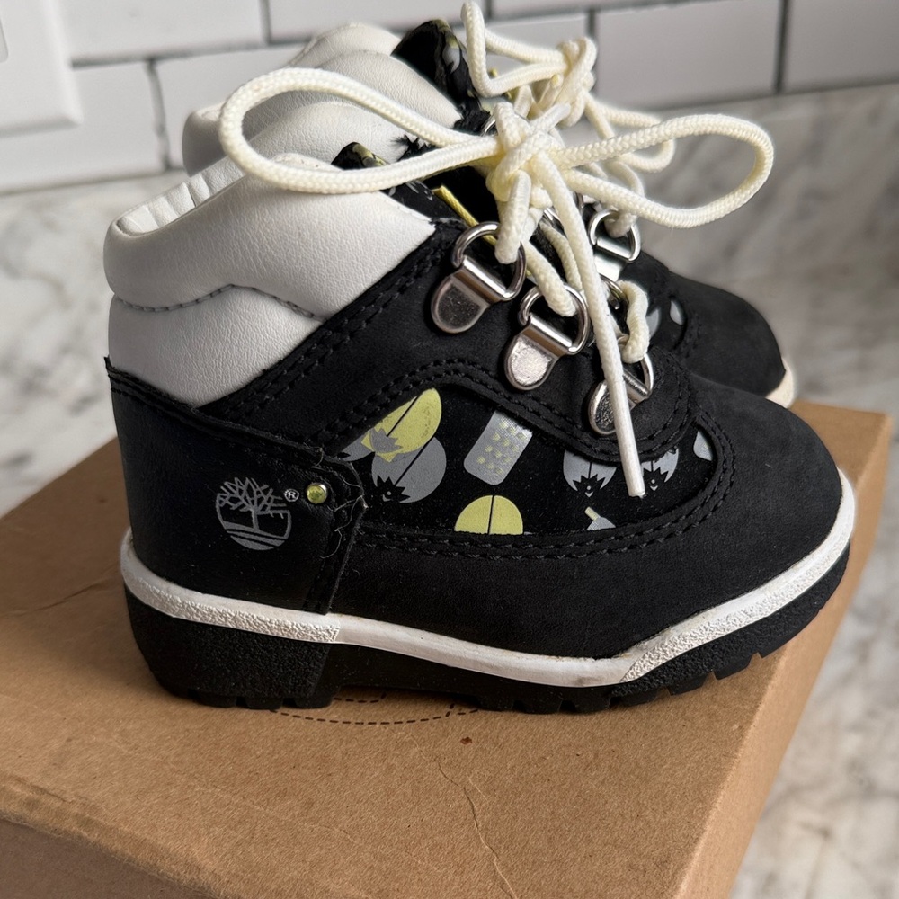 Timberland Kids Black and White Lace-Up Hiking Boots with Lime Accents